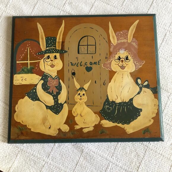 VTG Wooden Bunny Family Welcome Sign 17"x14.5" Hand Painted Cottage Farmhouse - Picture 2 of 12
